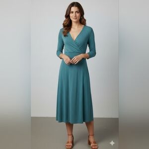 Orvis Women's Teal Blue 3/4 Sleeve V-Neck Midi Formal Dress Size Medium EUC